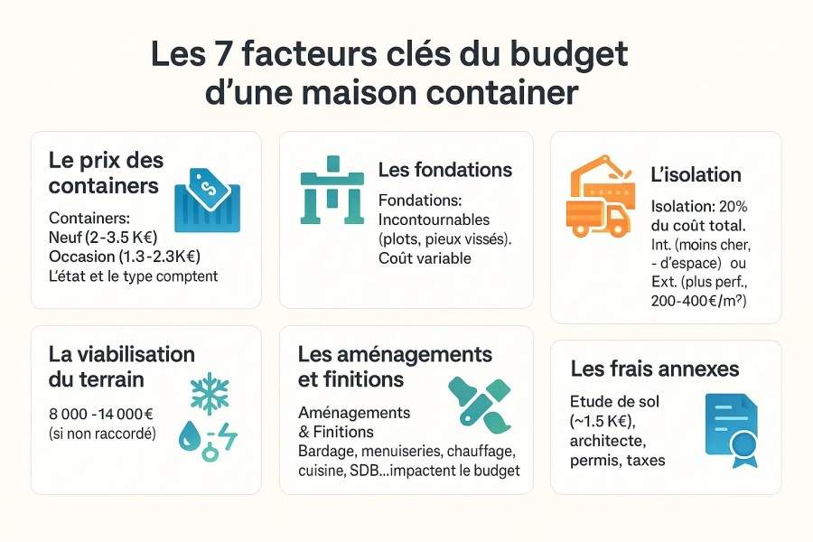 Schéma illustrant les 7 facteurs clés influençant le prix d'une maison container de 100 m²