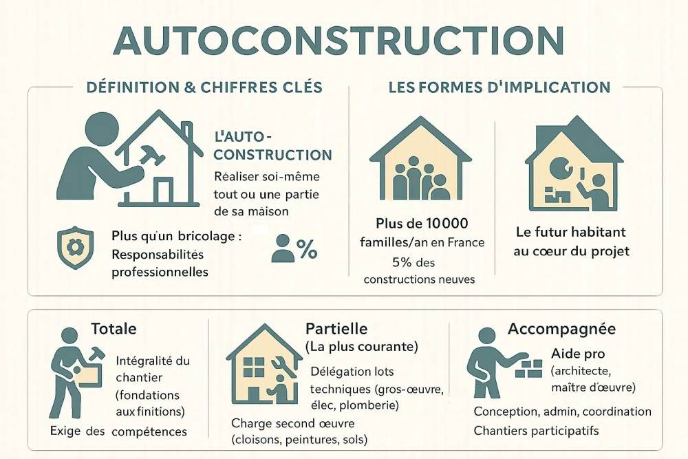 Infographie des différentes formes d'autoconstruction maison container