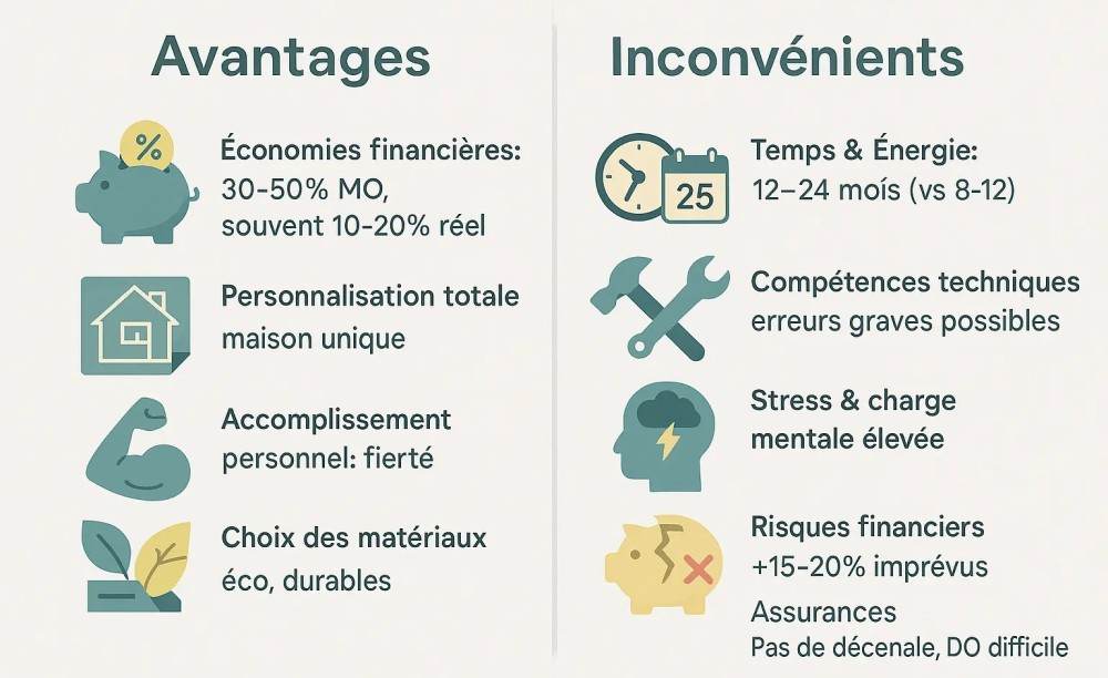 Infographie de présentation des avantages et des inconvénients de l'autoconstruction maison container