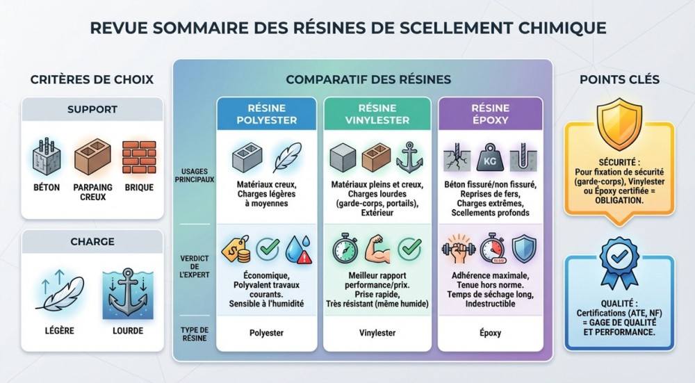 Infographie complète avec comparatif sur comment bien utiliser un scellement chimique