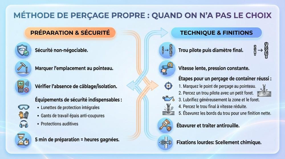 Infographie pour expliquer comment percer un container proprement avec sécurité et technique
