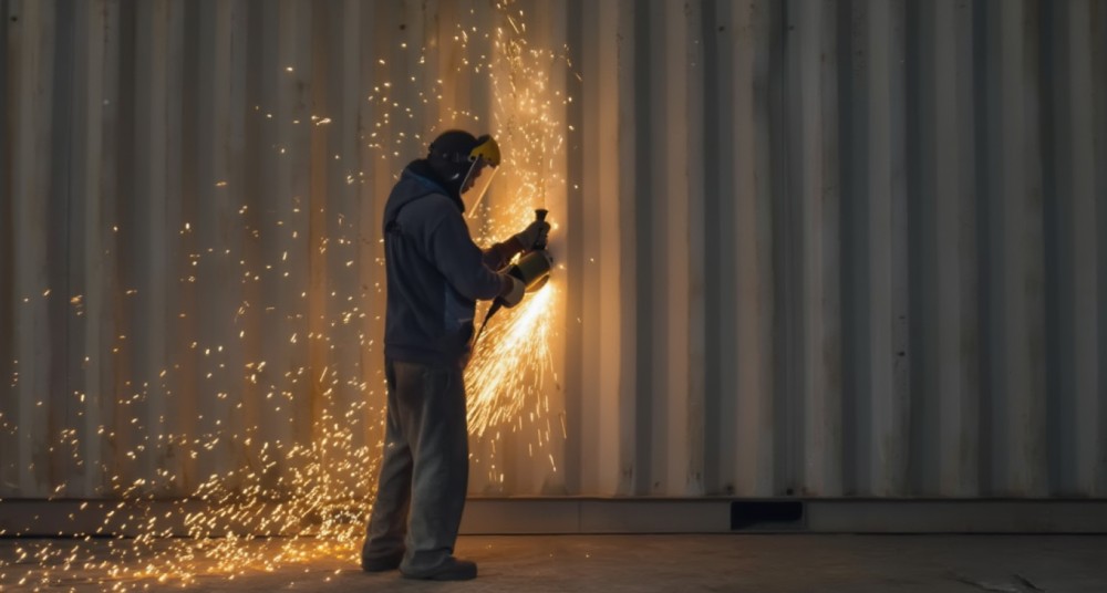 Homme en train de découper un container avec une meuleuse pour poser une fenêtre