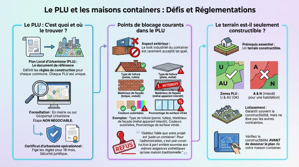 Infographie de la réglementation PLU et permis de construire pour maison container en lotissement