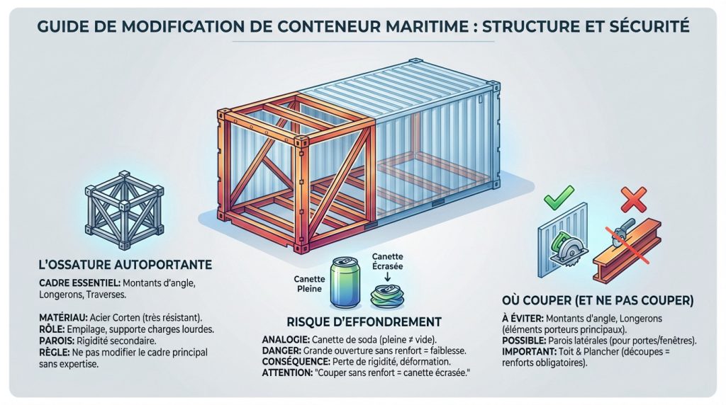 Schéma technique montrant la structure d'un conteneur maritime et les zones de renfort pour la découpe