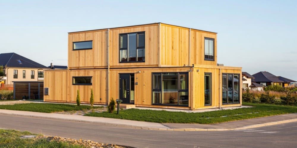 Vue d'une maison container dans un lotissement répondant à la réglementation du PLU