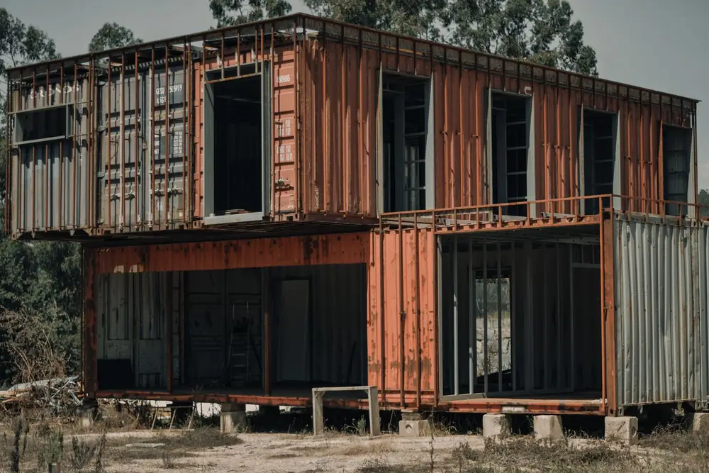 Chantier d'autoconstruction d'une maison container avec ouvrier en soudure sur structure métallique