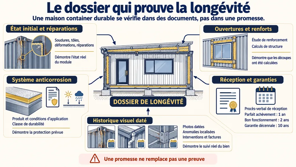 Le dossier qui prouve la longévité : une maison container durable se vérifie dans des documents, pas dans une promesse.