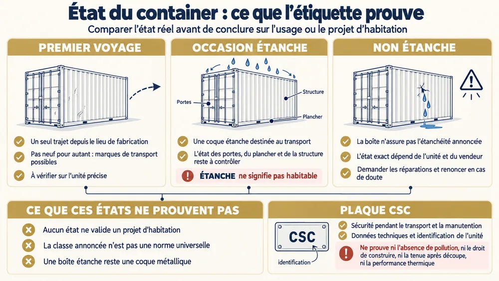 État du container : ce que l’étiquette prouve. Comparer l’état réel avant de conclure sur l’usage ou le projet d’habitation