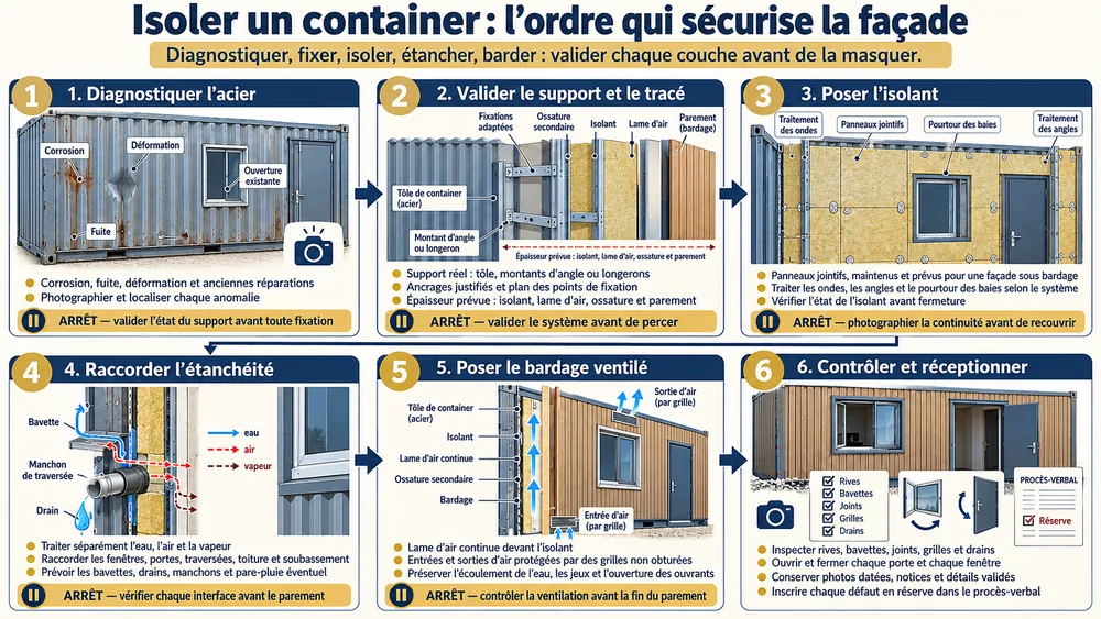 Isoler un container : l’ordre qui sécurise la façade. Diagnostiquer, fixer, isoler, étancher, barder : valider chaque couche avant de la masquer.