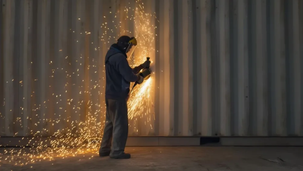 Personne utilisant une meuleuse d'angle pour découper la paroi métallique ondulée d'un container pour poser une fenêtre sur un container