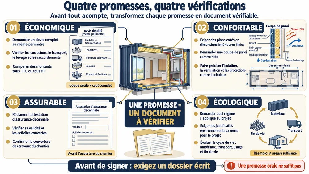 Infographie maison container avis avec quatre promesses à transformer en documents vérifiables avant tout acompte.