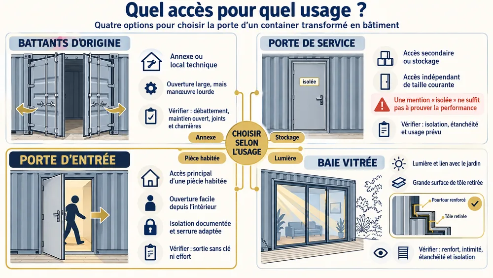 Quel accès pour quel usage ? : quatre options pour choisir la porte d’un container transformé en bâtiment