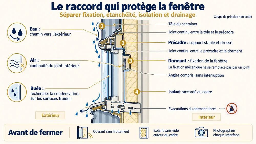 Pour comprendre la pose d'une fenêtre sur un container et le raccord qui protège la fenêtre : une coupe de principe pour guider l’eau, bloquer l’air et garder le drainage libre