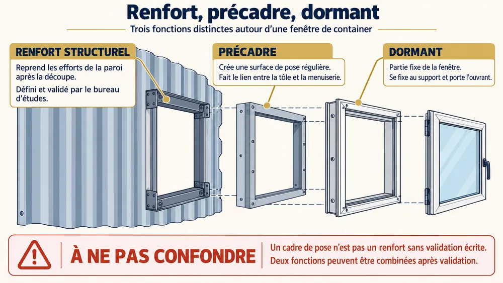 Renfort, précadre, dormant : trois fonctions distinctes pour la pose d'une fenêtre de container