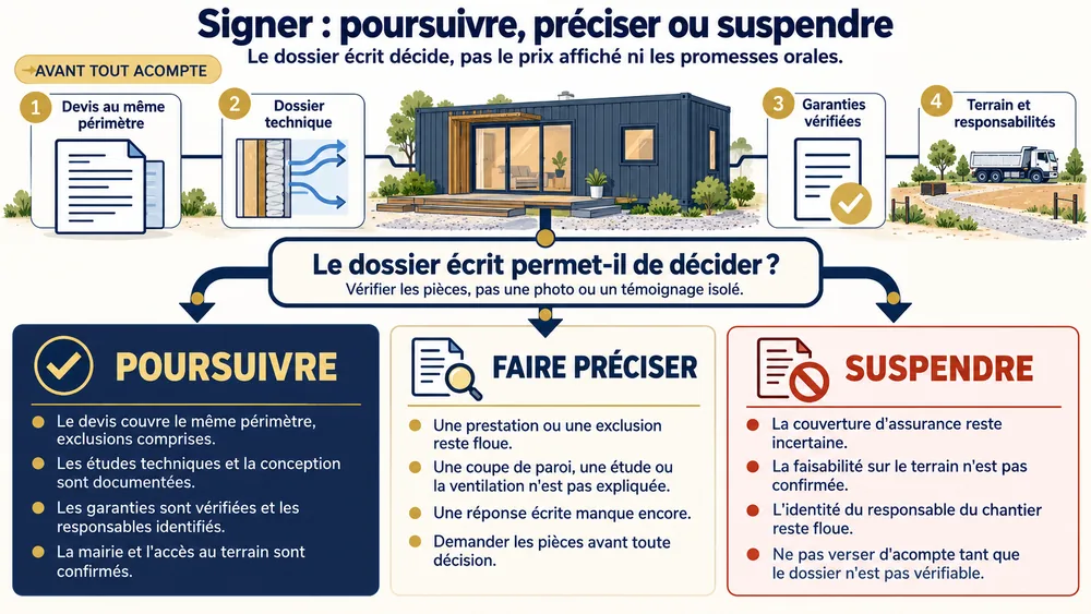 Infographie : poursuivre, préciser ou suspendre la signature selon le dossier écrit pour une maison container.